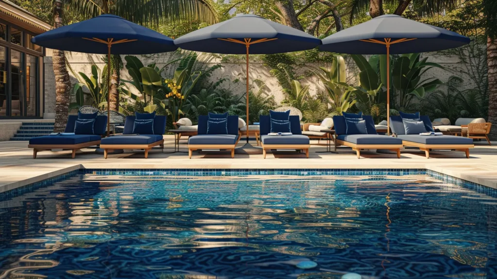 rustic blue sun bed poolside