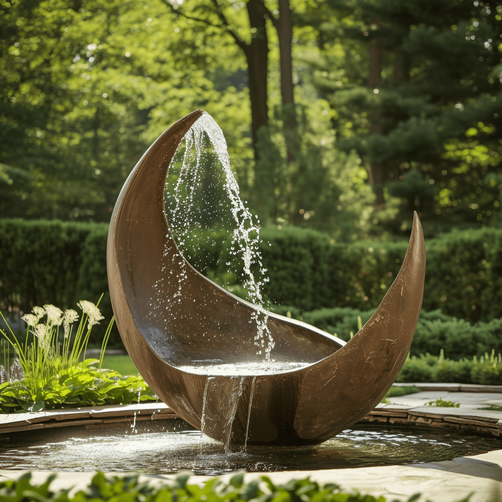 artistic sculptural fountain in a rustic garden