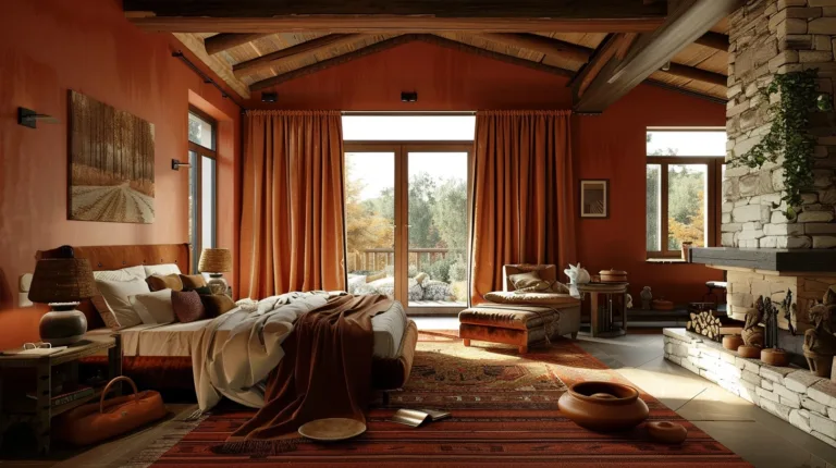 earthy rich tones of brown and orange in bedroom colour scheme