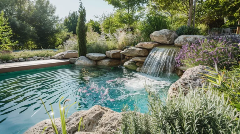 rustic pond and poolside area swimming pool landscaping